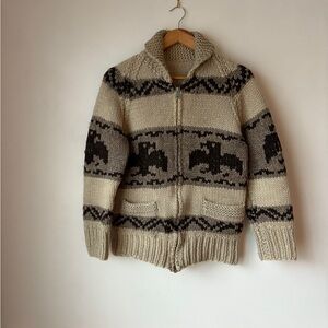 Women’s  Beige and Brown Wool Cardigan Canadian Cowichan Style